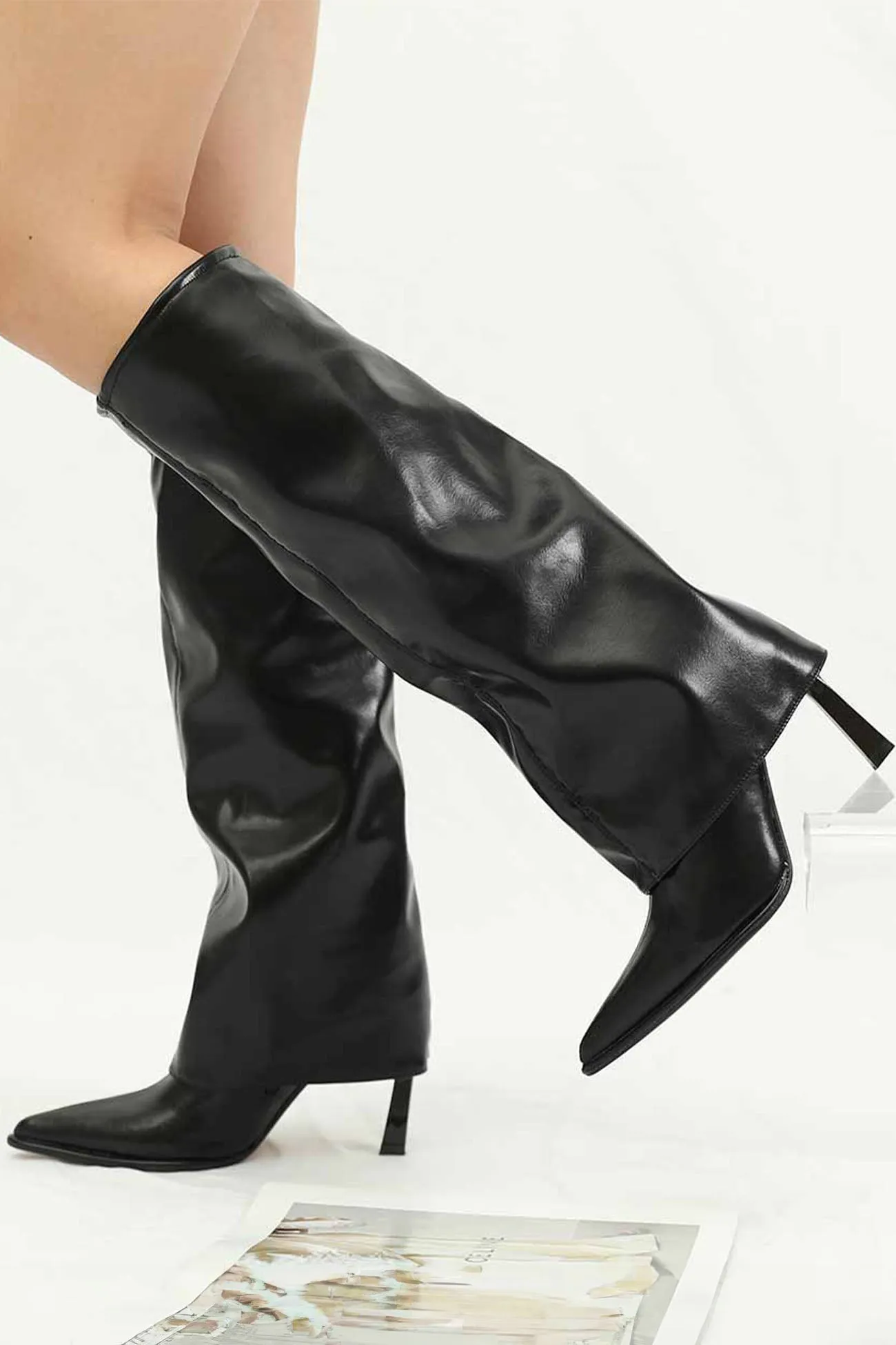 Amozae-Pointed Toe Knee-High Trouser Boots