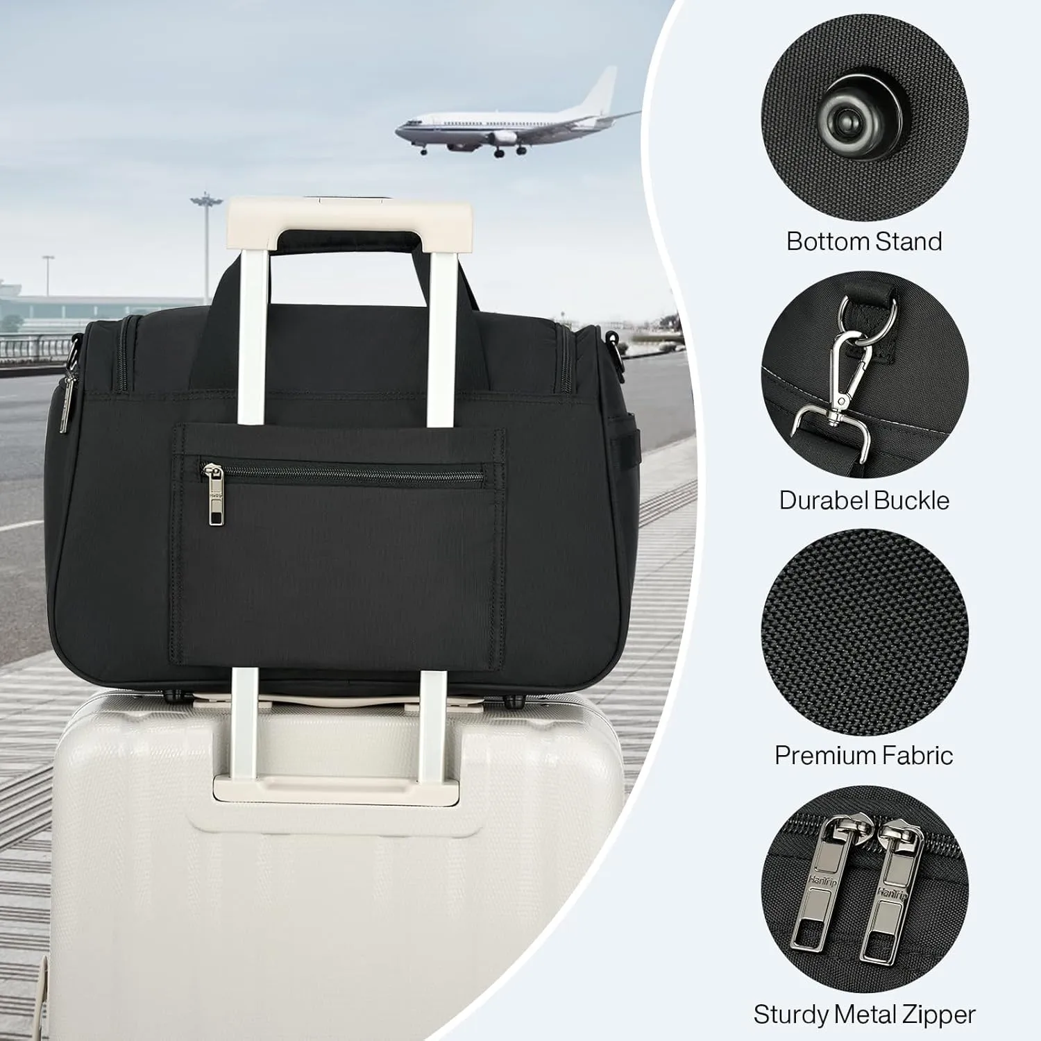 Carry on Duffel Bag Foldable Duffle Bags for Travel, Under Seat Personal Item Bags for Airplanes, Weekender Overnight Mens Travel Tote Bag for Women Small Softside Carry on Luggage (Black)