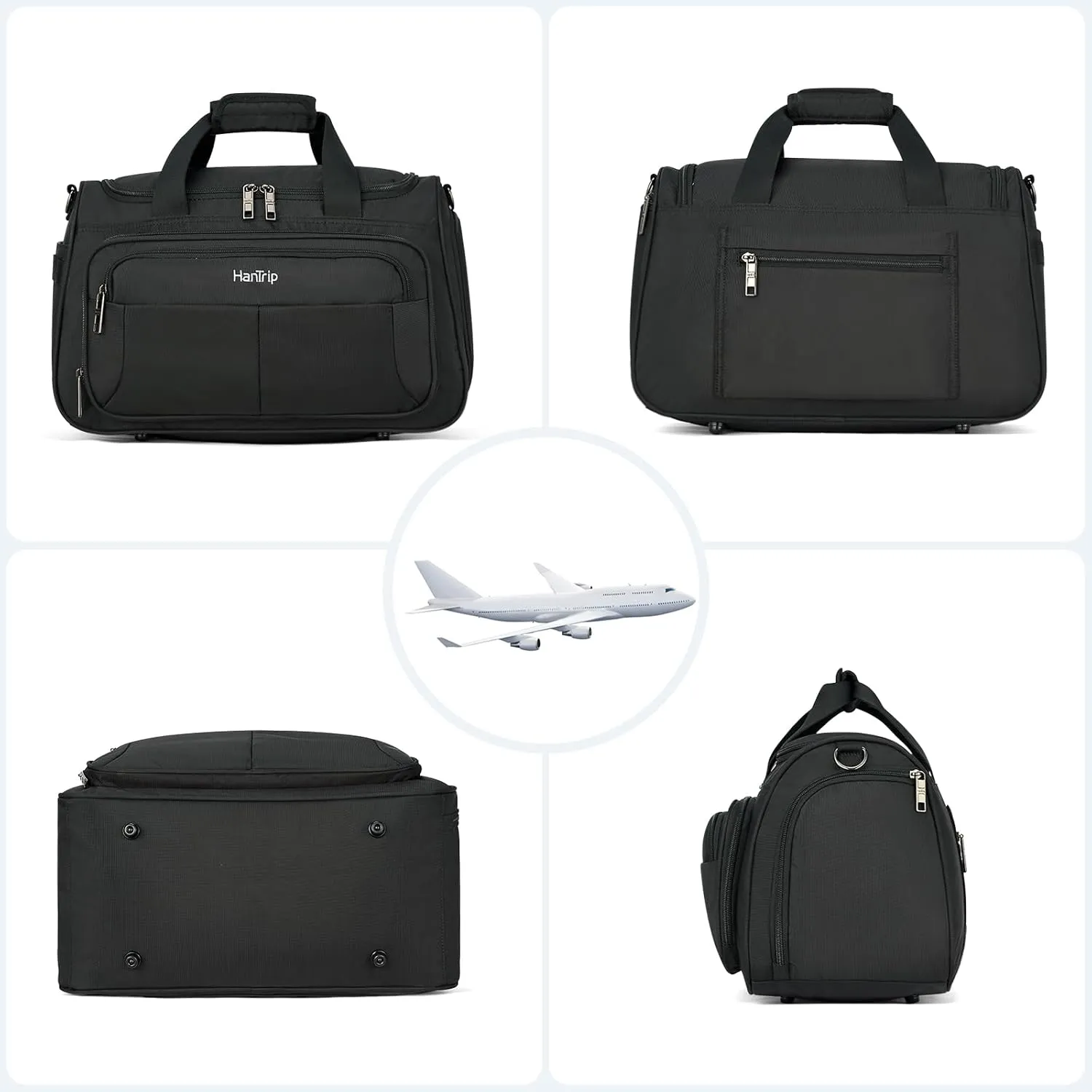 Carry on Duffel Bag Foldable Duffle Bags for Travel, Under Seat Personal Item Bags for Airplanes, Weekender Overnight Mens Travel Tote Bag for Women Small Softside Carry on Luggage (Black)