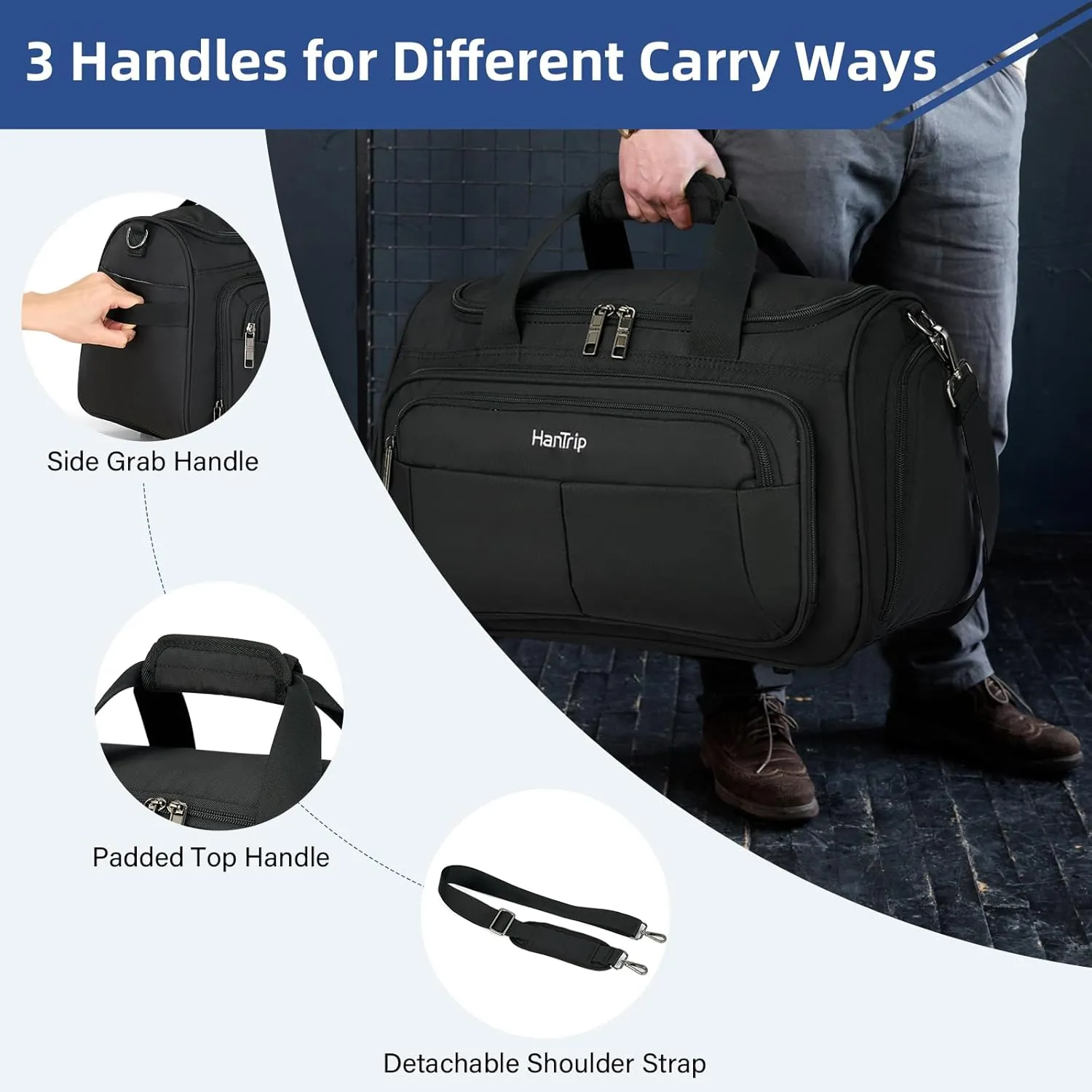 Carry on Duffel Bag Foldable Duffle Bags for Travel, Under Seat Personal Item Bags for Airplanes, Weekender Overnight Mens Travel Tote Bag for Women Small Softside Carry on Luggage (Black)