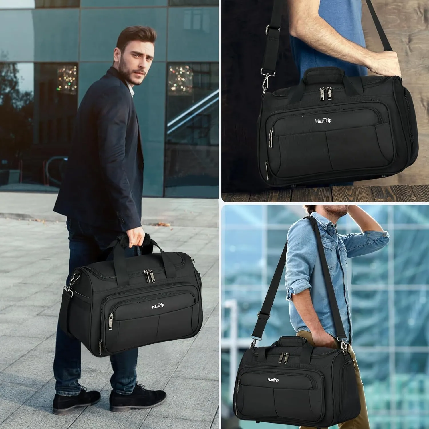 Carry on Duffel Bag Foldable Duffle Bags for Travel, Under Seat Personal Item Bags for Airplanes, Weekender Overnight Mens Travel Tote Bag for Women Small Softside Carry on Luggage (Black)