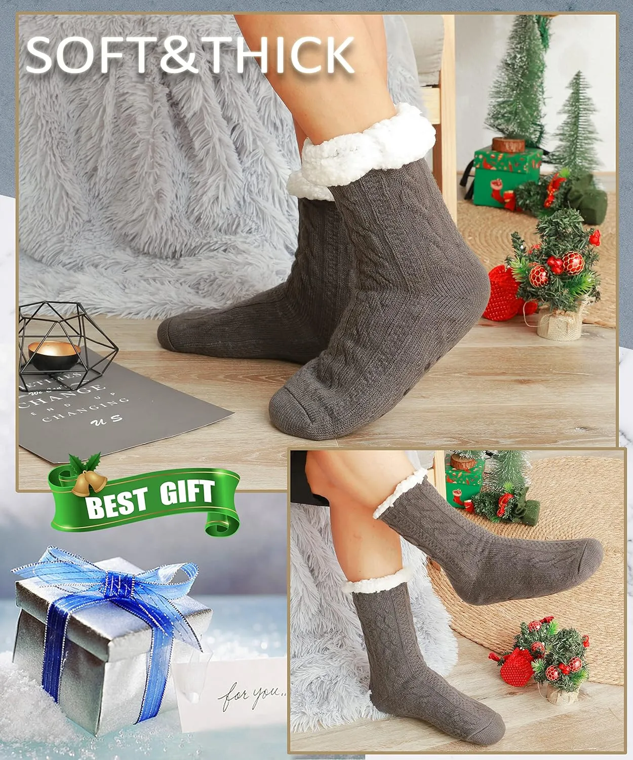 EBMORE Mens Slipper Fuzzy Socks Winter Cozy Fluffy Cabin Warm Fleece Soft Comfy Thick Non Slip Home Socks