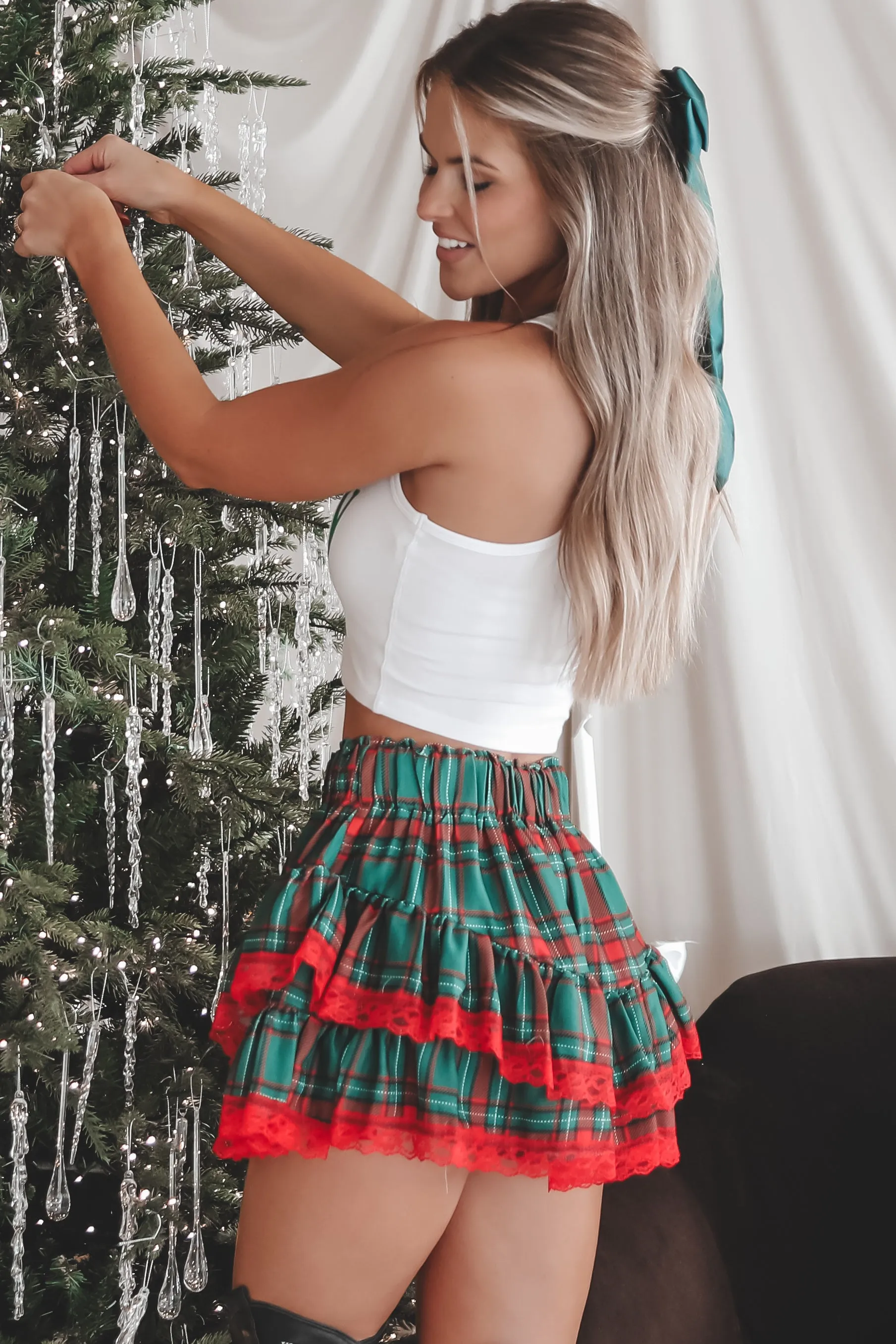 Hanging Around The Tree Red And Green Plaid Ruffle Lace Mini Skort