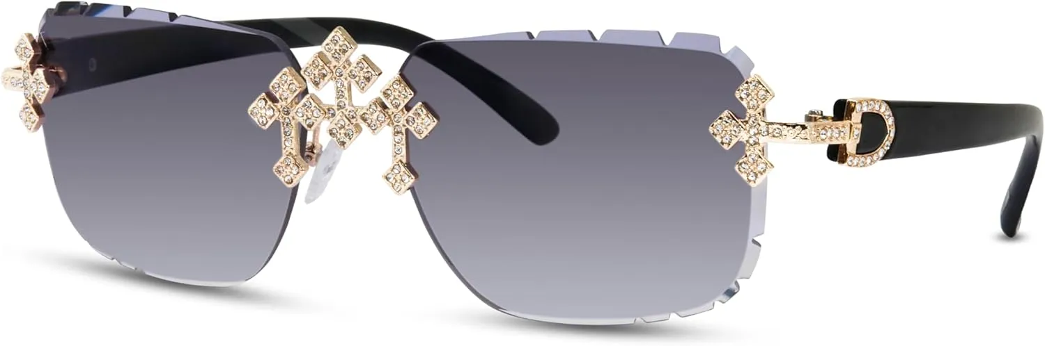 ICE STAR Triple Cross Iced-Out Sunglasses ?C Frameless Design Shades for Men & Women, Hip-Hop Fashion Eyewear