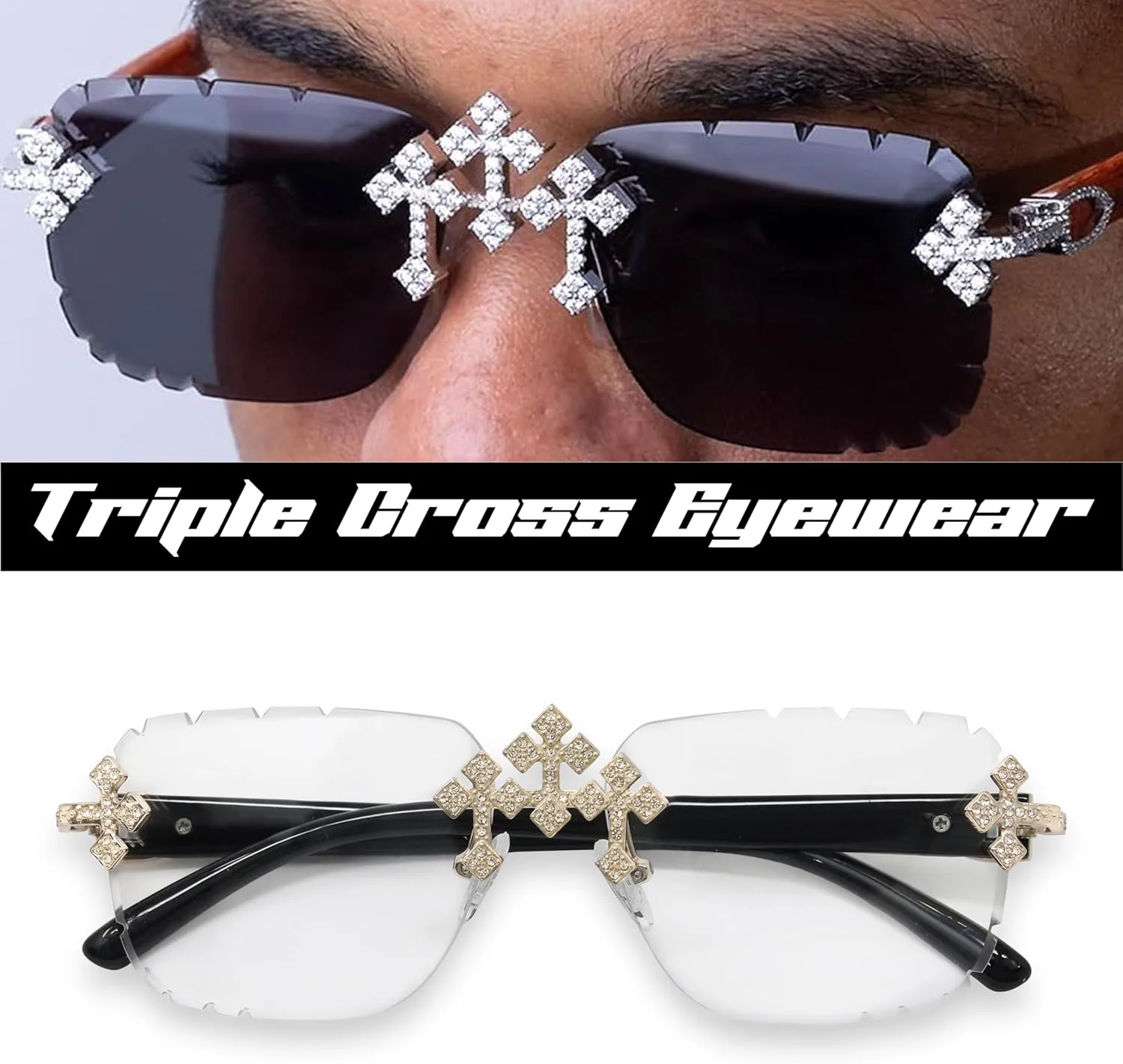 ICE STAR Triple Cross Iced-Out Sunglasses ?C Frameless Design Shades for Men & Women, Hip-Hop Fashion Eyewear