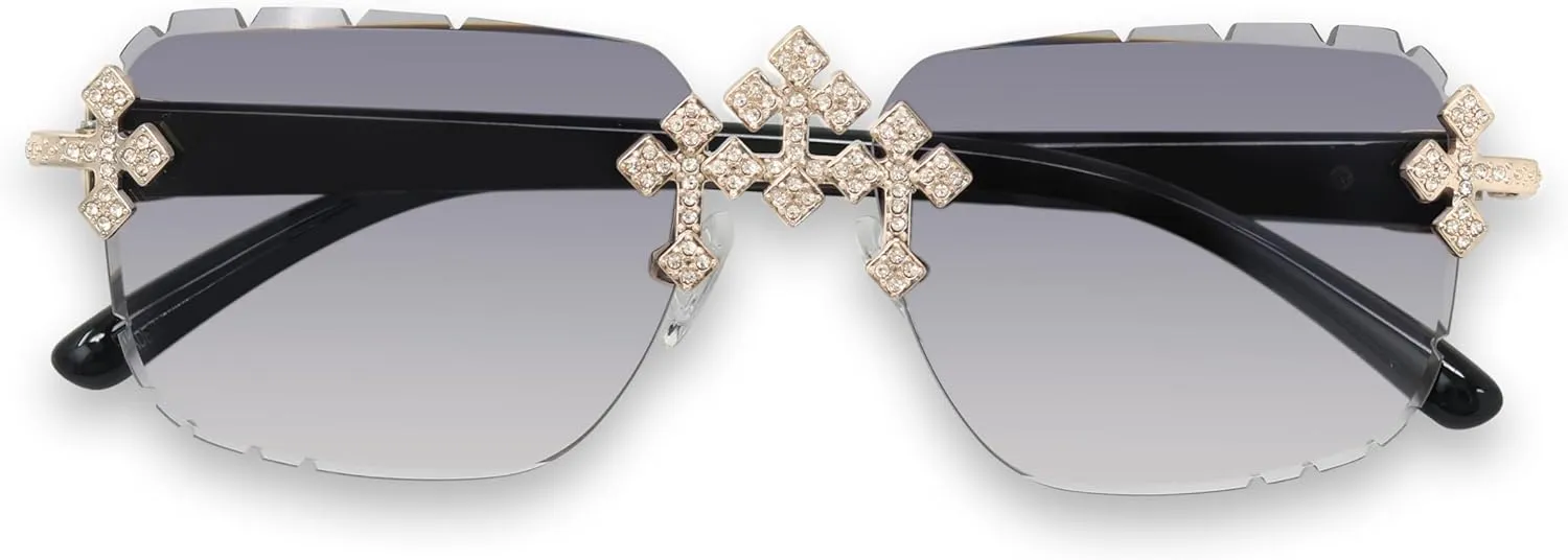 ICE STAR Triple Cross Iced-Out Sunglasses ?C Frameless Design Shades for Men & Women, Hip-Hop Fashion Eyewear