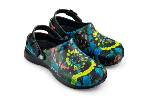 Joybees Womens Work Clog Graphic Black Spiral Tie Dye