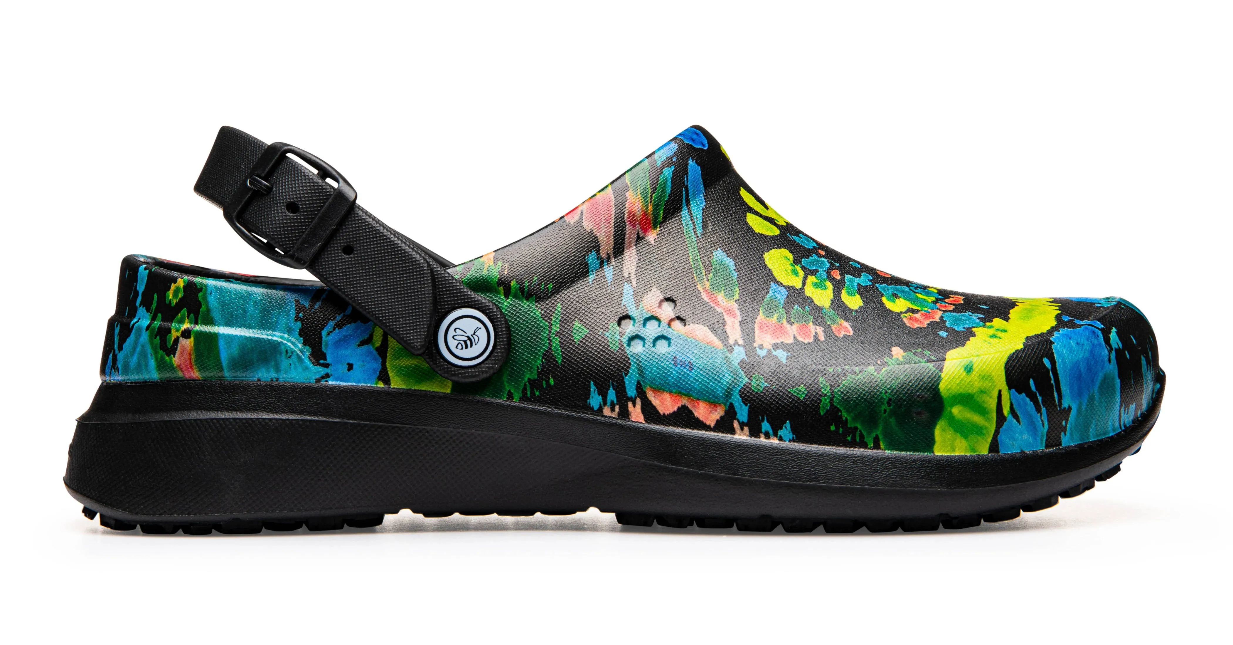 Joybees Womens Work Clog Graphic Black Spiral Tie Dye