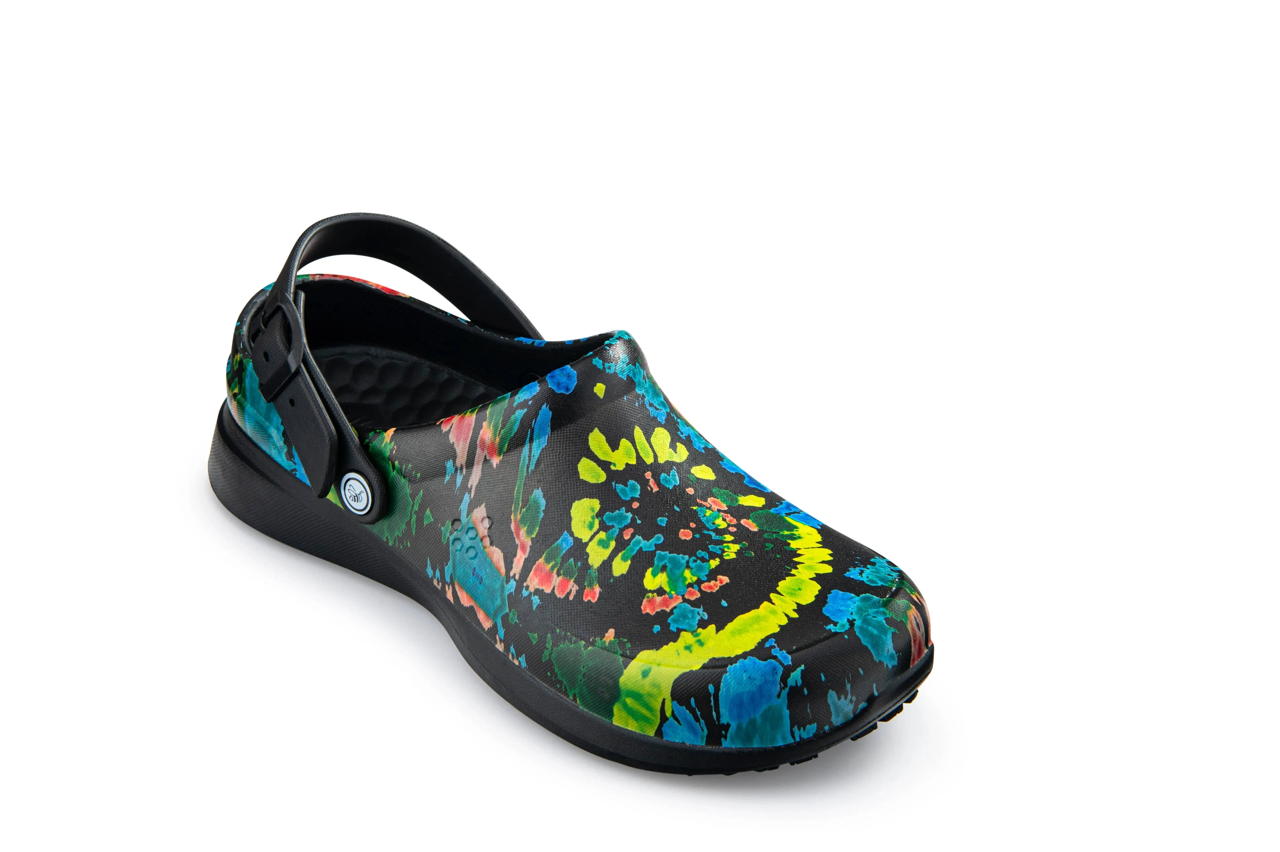 Joybees Womens Work Clog Graphic Black Spiral Tie Dye
