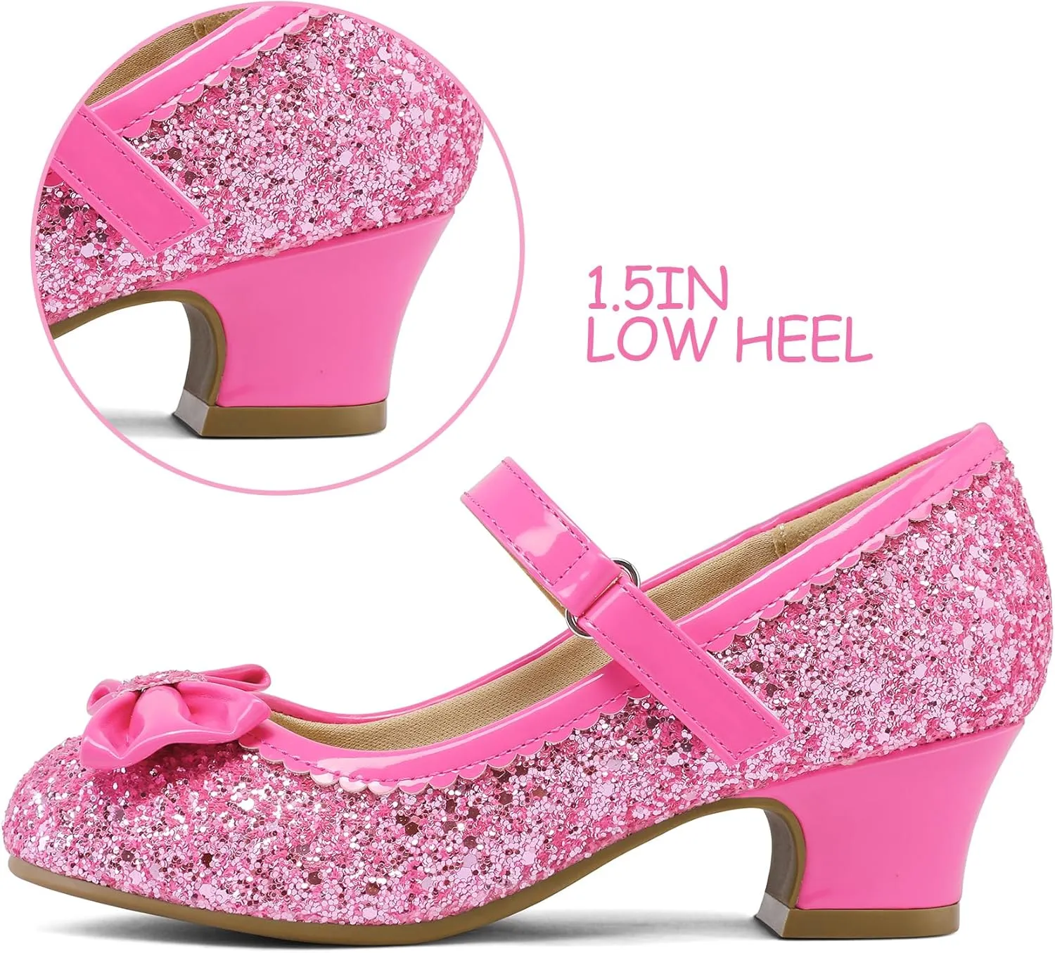 K KomForme Girl's Dress Shoes Mary Jane Glitter 1.5 in Low Heel Wedding Party Princess Shoes for Toddler/Little/Big Kids