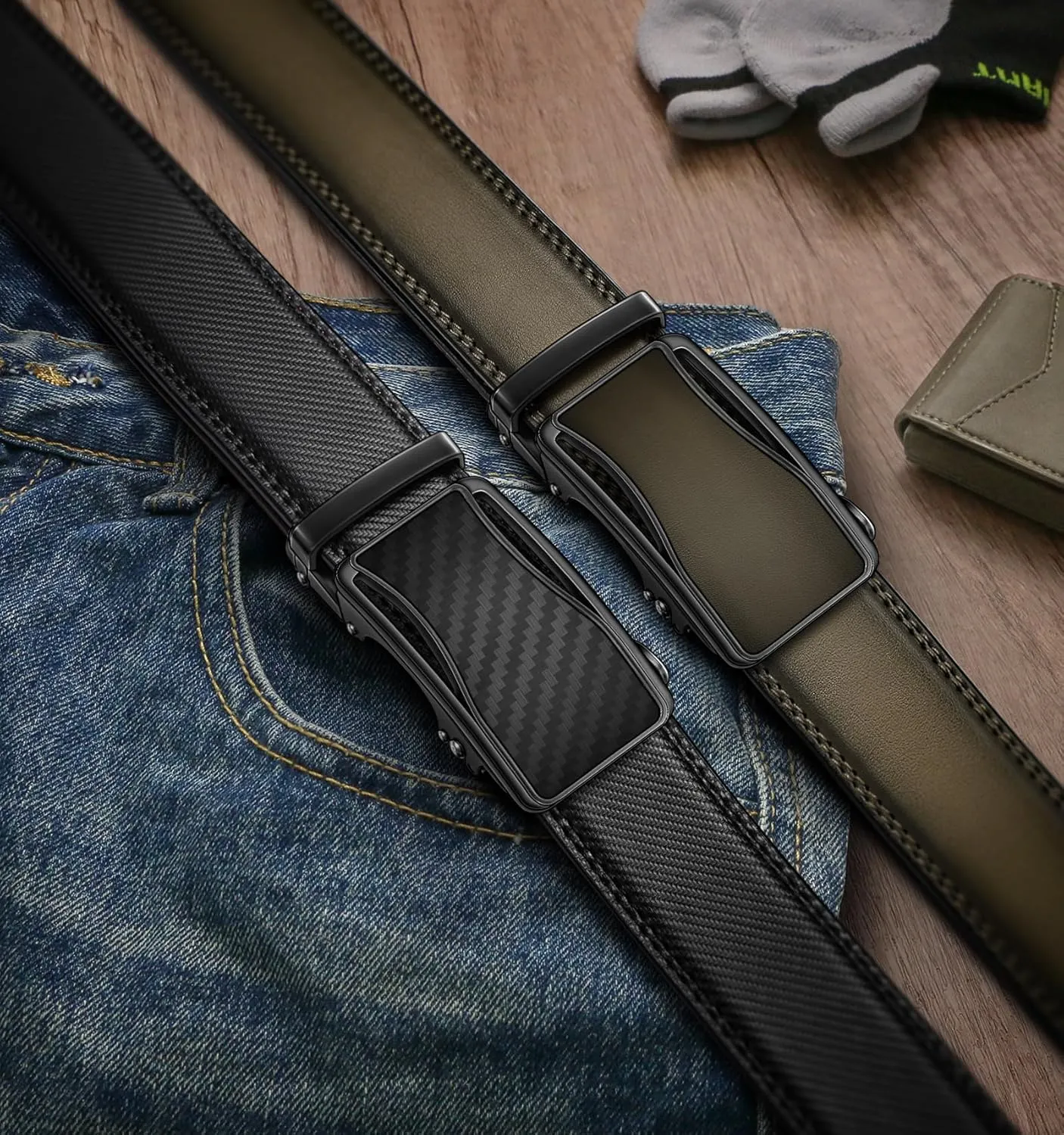 KEMISANT Mens Ratchet Belt 2 Units,Sliding Belt For Gift Mens Dress Casual 1 3/8",Size Adjustable