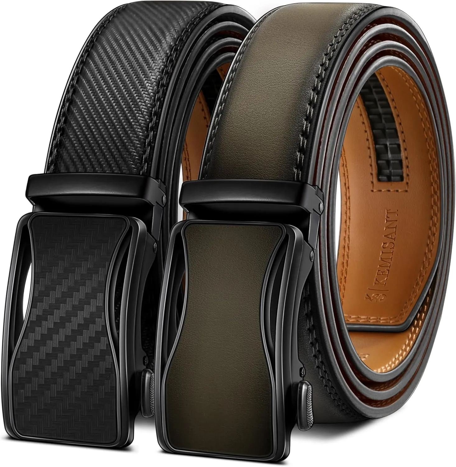 KEMISANT Mens Ratchet Belt 2 Units,Sliding Belt For Gift Mens Dress Casual 1 3/8",Size Adjustable