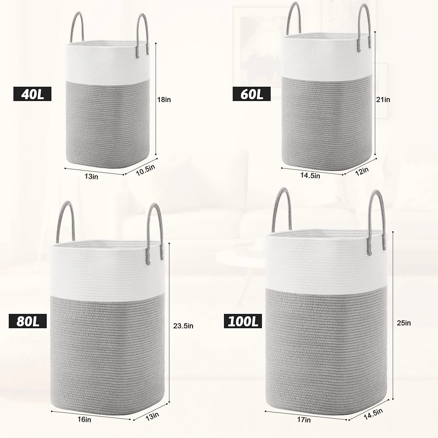 Laundry Basket,Woven Cotton Rope Laundry Hamper Sorters,100L Versatile Storage for Dirty Clothes,Baby Toys,and Blankets in Bathroom, Nursery,and Living Room