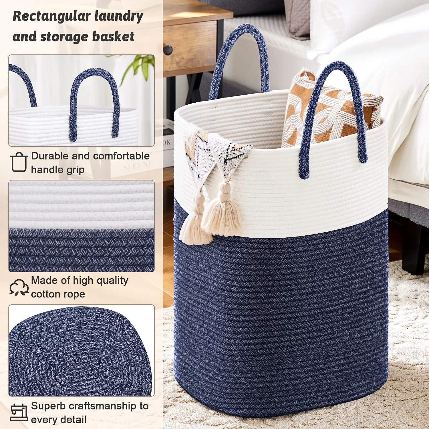 Laundry Basket,Woven Cotton Rope Laundry Hamper Sorters,100L Versatile Storage for Dirty Clothes,Baby Toys,and Blankets in Bathroom, Nursery,and Living Room