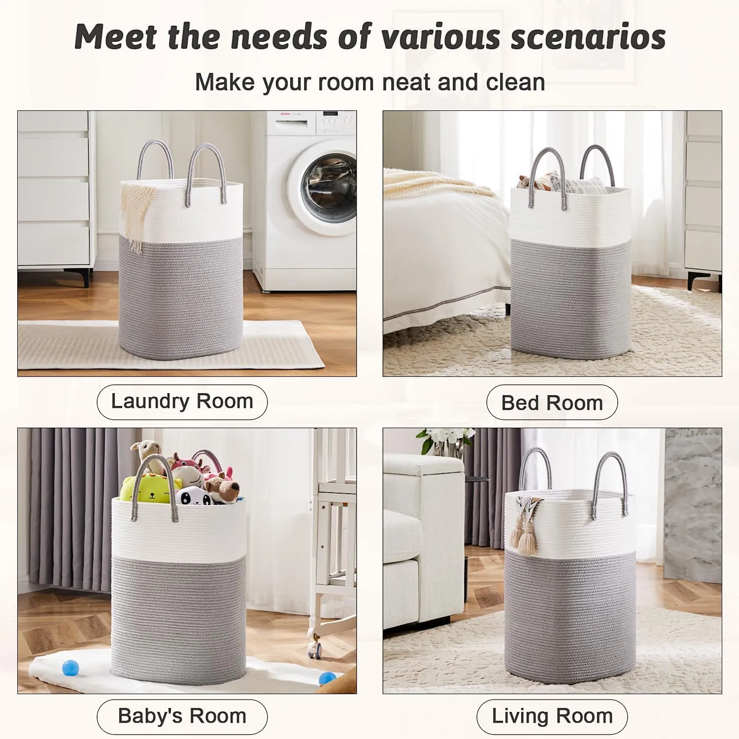 Laundry Basket,Woven Cotton Rope Laundry Hamper Sorters,100L Versatile Storage for Dirty Clothes,Baby Toys,and Blankets in Bathroom, Nursery,and Living Room