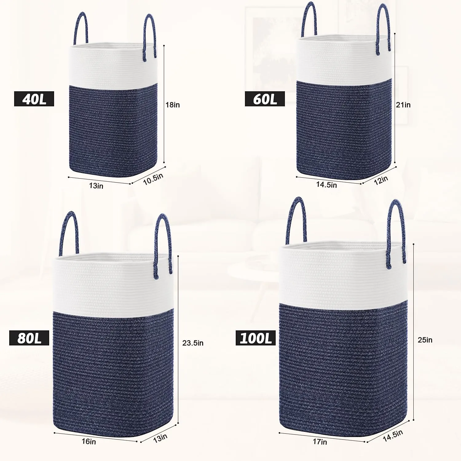 Laundry Basket,Woven Cotton Rope Laundry Hamper Sorters,100L Versatile Storage for Dirty Clothes,Baby Toys,and Blankets in Bathroom, Nursery,and Living Room