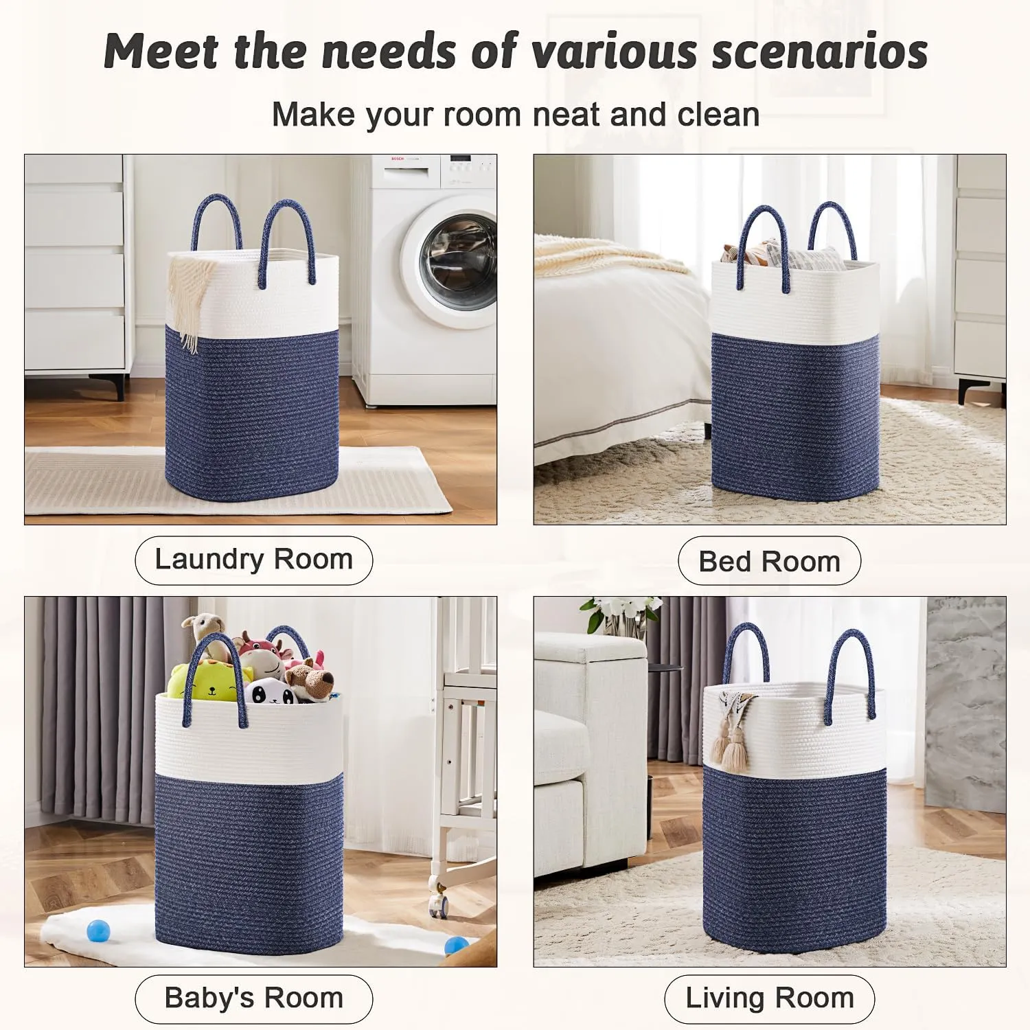 Laundry Basket,Woven Cotton Rope Laundry Hamper Sorters,100L Versatile Storage for Dirty Clothes,Baby Toys,and Blankets in Bathroom, Nursery,and Living Room