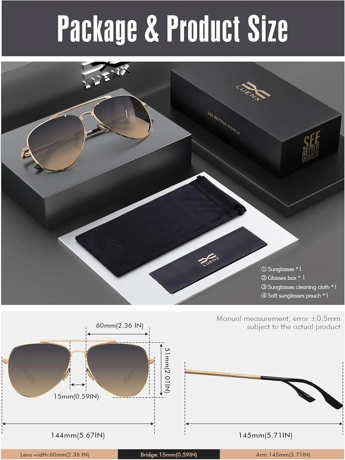 LUENX Aviator Sunglasses for Men Women Polarized Driving Classic Shades - UV 400 Protection with Accessories 60MM
