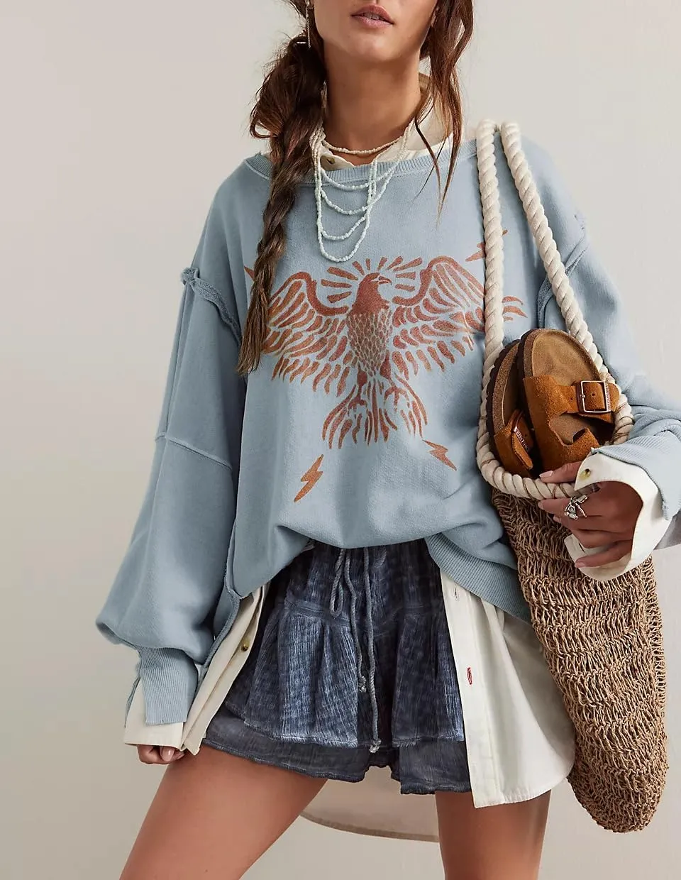 Oversized Graphic Swearshirts Women Y2k Crewneck Long Sleeve Drop Shoulder Shirts Top Vintage Jacket Sweater