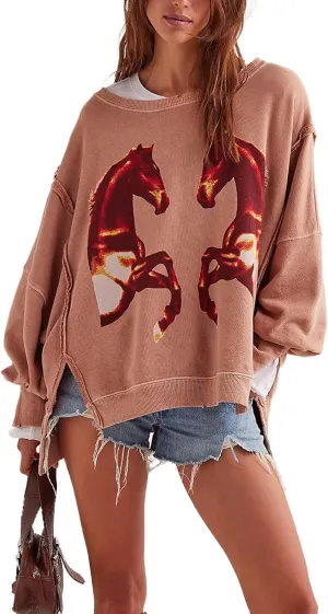Oversized Graphic Swearshirts Women Y2k Crewneck Long Sleeve Drop Shoulder Shirts Top Vintage Jacket Sweater