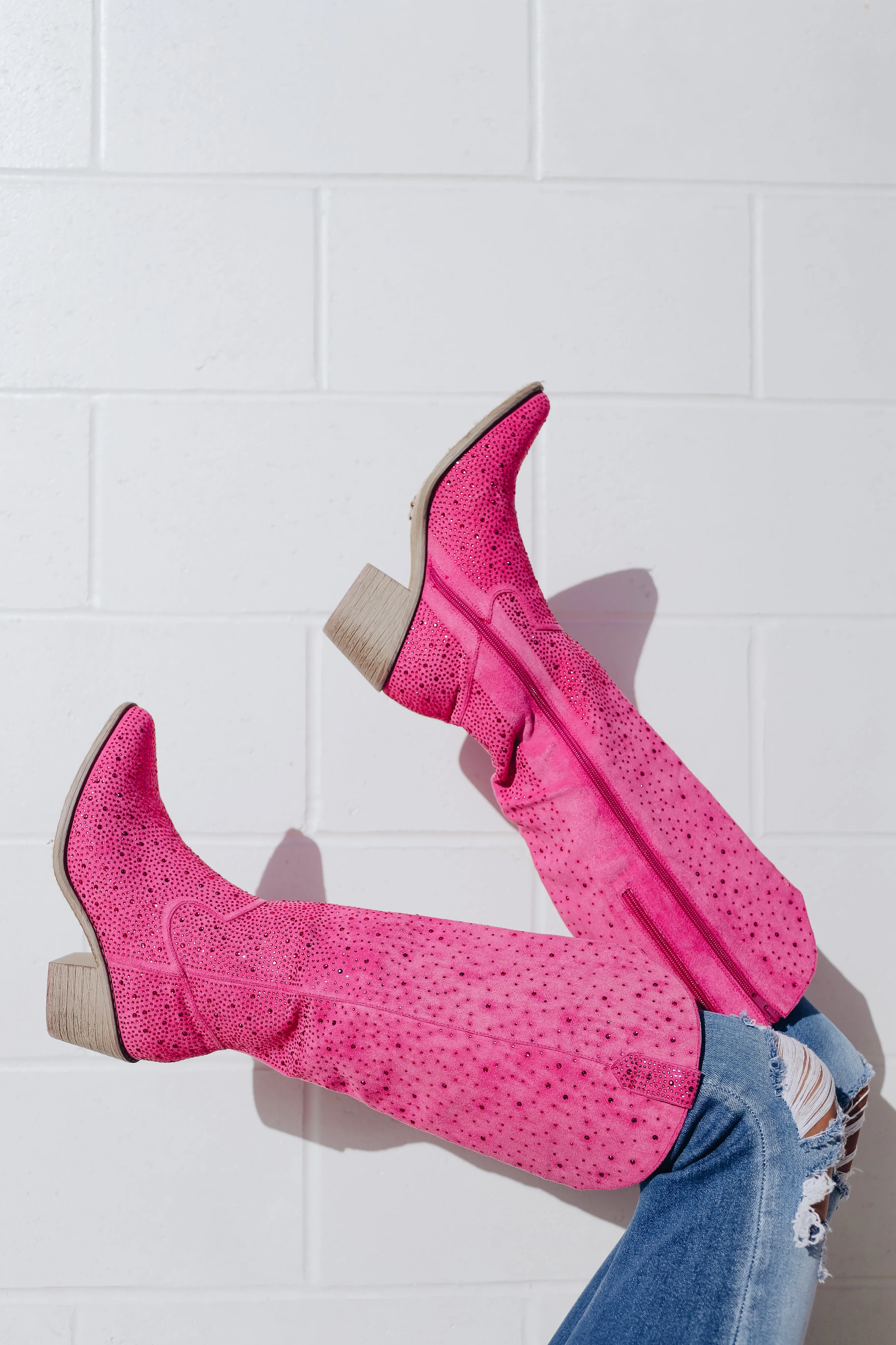 Steppin' Out Rhinestone Knee High Boot - Pink
