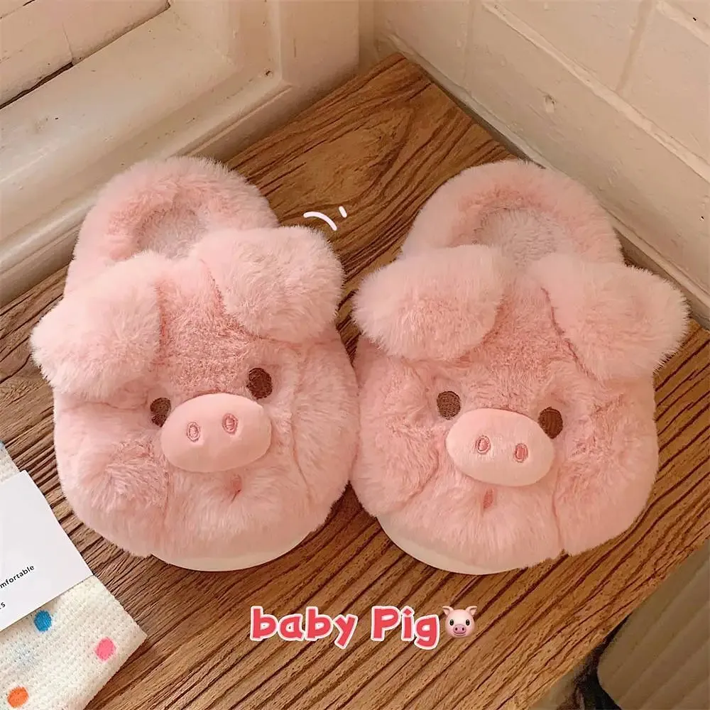 Uniwim Feerldi Pink fluffy pig slippers women slip on animal slides indoor house furry cotton shoes warm 2024 new girls piggy shoes
