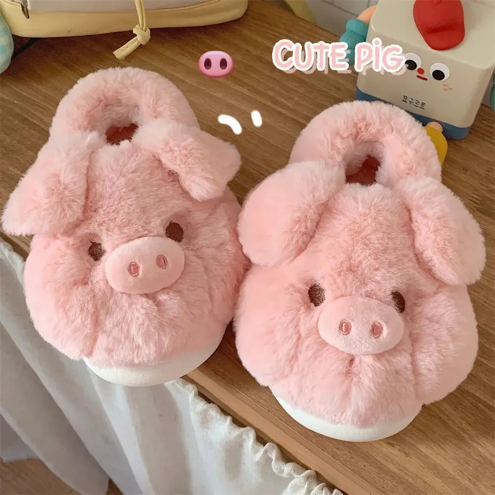 Uniwim Feerldi Pink fluffy pig slippers women slip on animal slides indoor house furry cotton shoes warm 2024 new girls piggy shoes