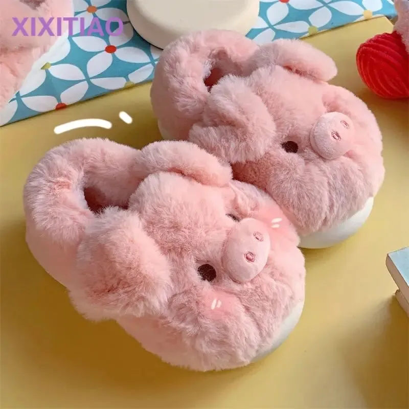 Uniwim Feerldi Pink fluffy pig slippers women slip on animal slides indoor house furry cotton shoes warm 2024 new girls piggy shoes