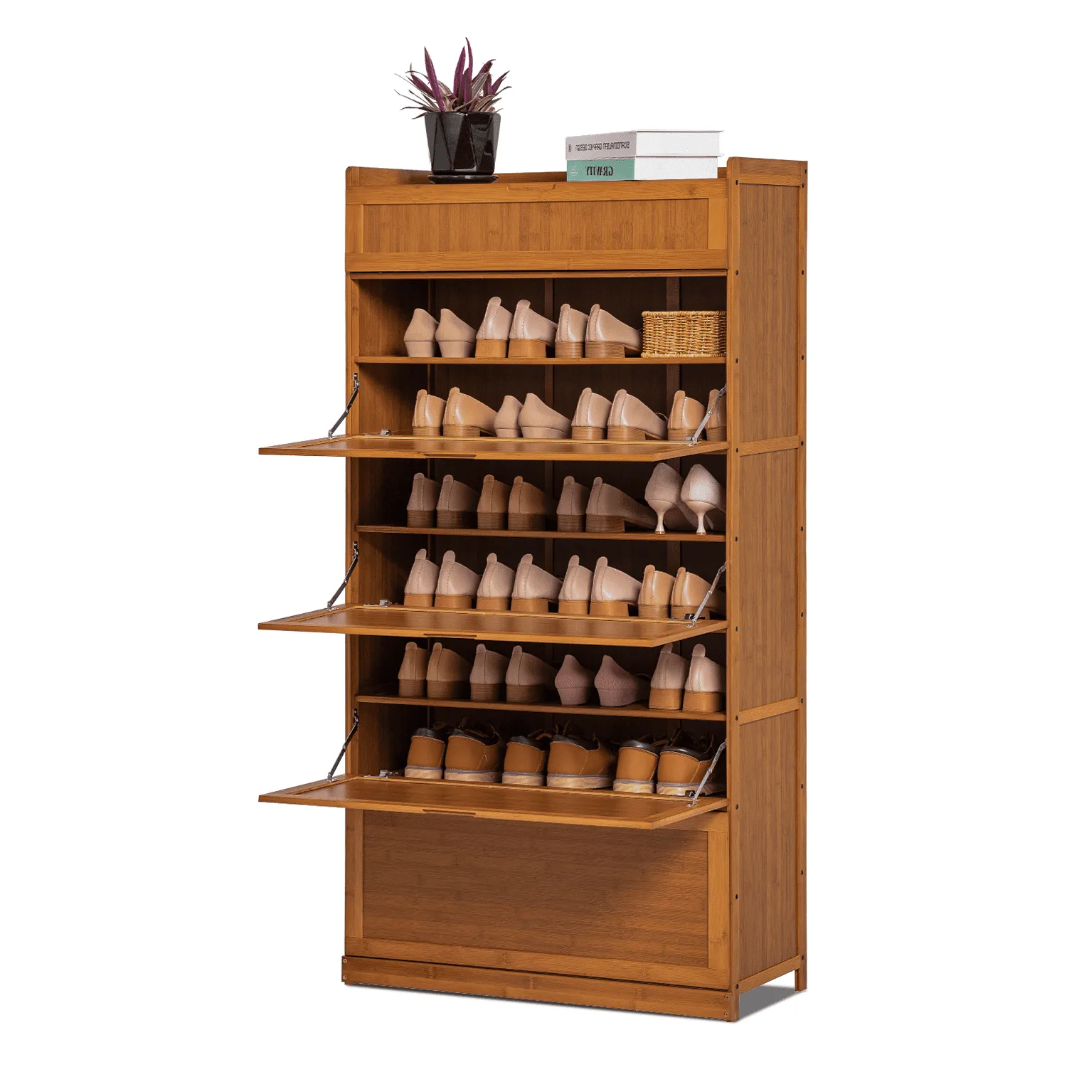 valiant Bamboo 9 Tier Shoe Organizer Modern Cabinet with Door 41 Pairs Heels Boots, Brown, Hallway Entryway