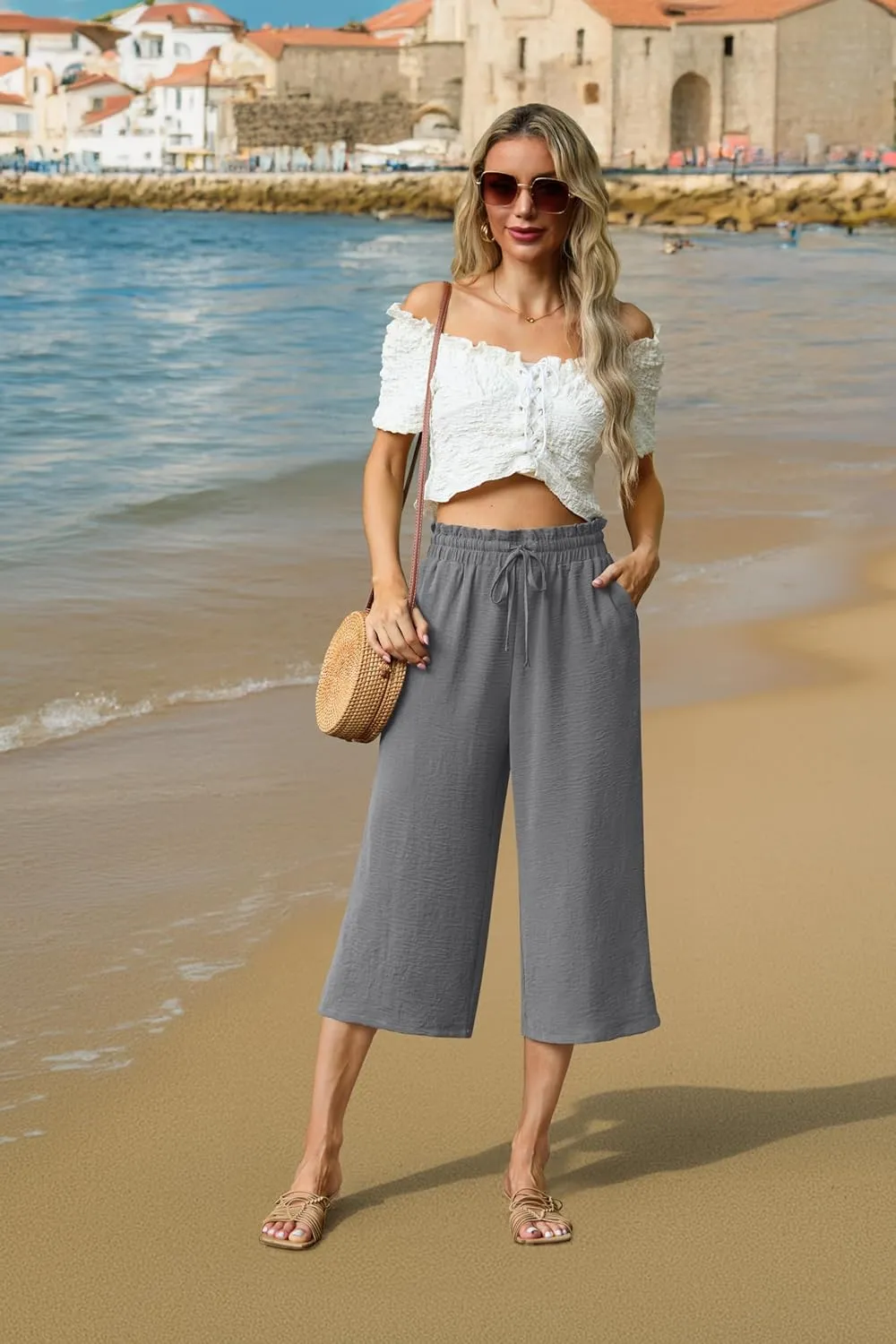Womens Wide Leg High Waisted with Tie Belt Pockets Summer 2025 Vacation Pants