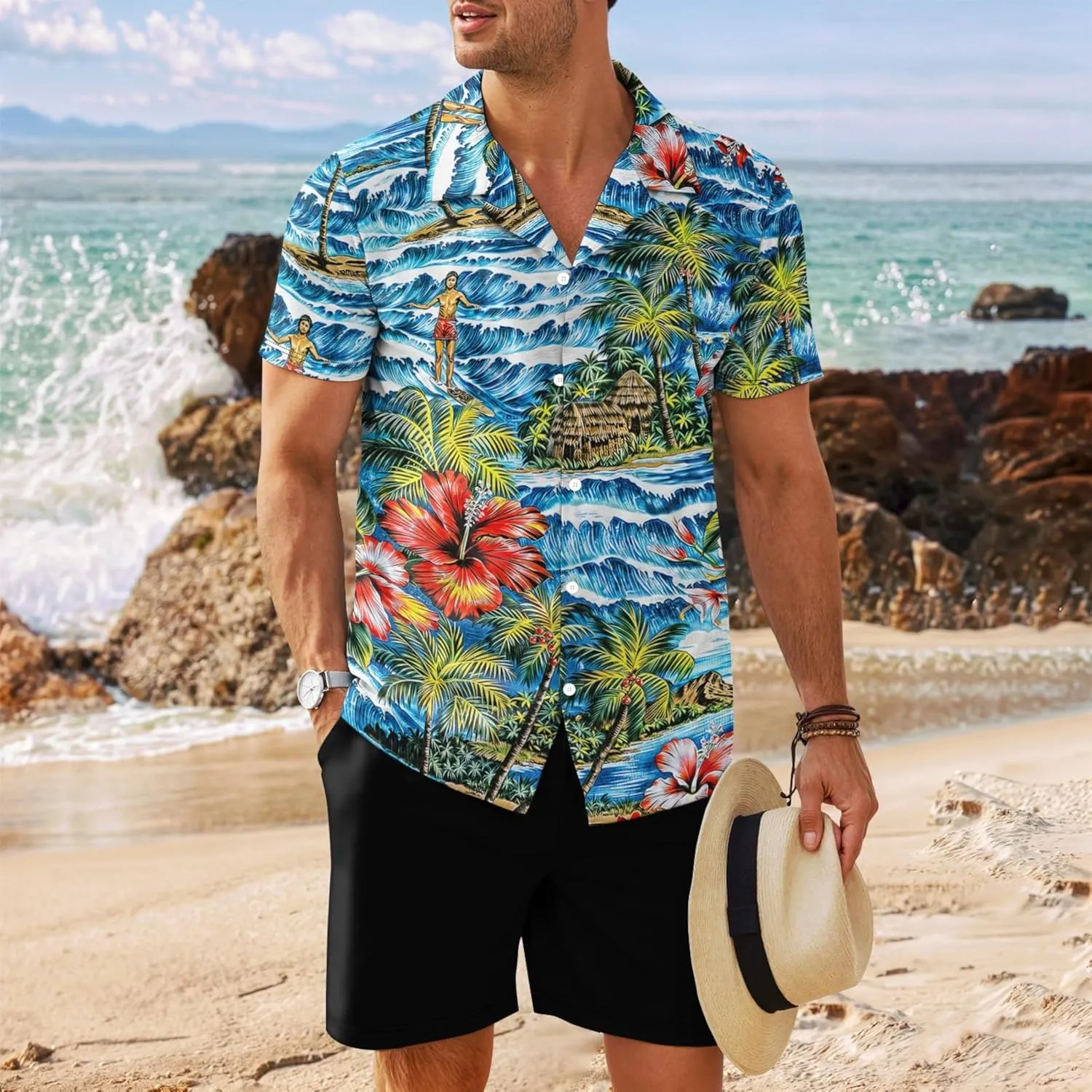yolsun Men's 4th of July Button-Down Shirt - Casual Short Sleeve, American Flag Print, Independence Day Hawaiian Shirt